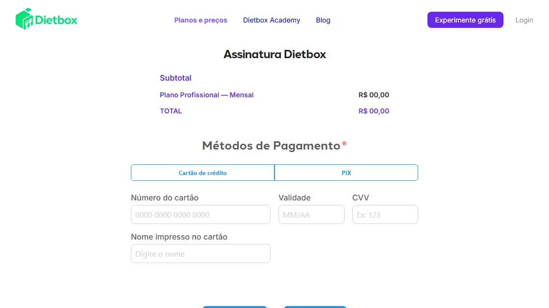 Captura de tela de Dietbox Payment